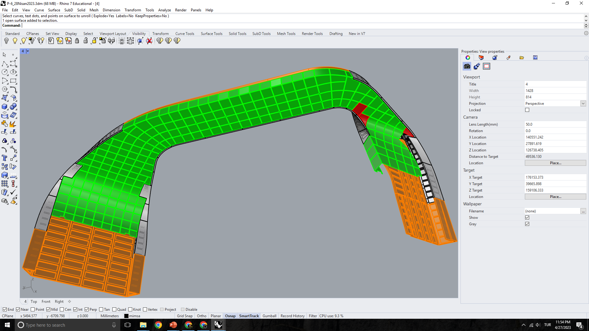 Rhino model showing panelized curved facade geometry for the Central Bank of Iraq